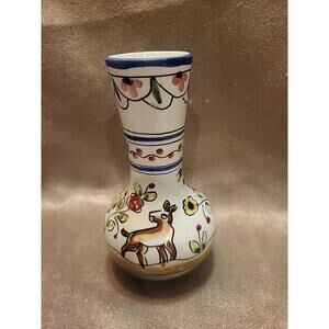 Portugal Pottery Vase Handpainted Rabbit, Jackalope And Flowers Signed Aresta